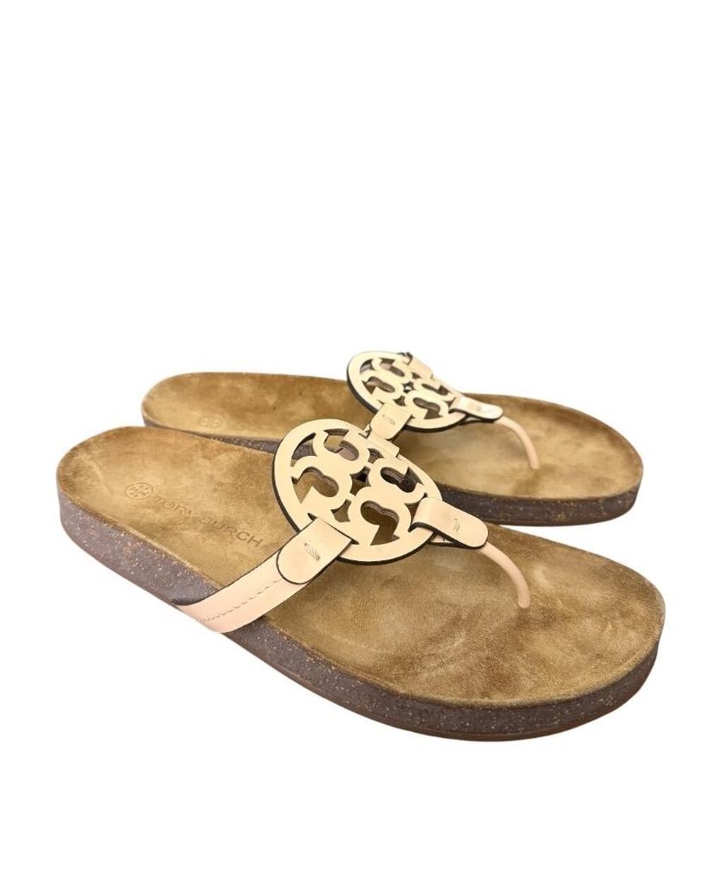 Tory Burch Miller Cloud Pink Leather Logo Cork Slide Sandal Women size 10